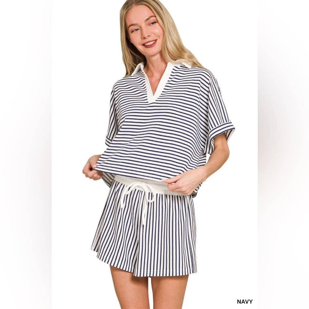 NEW Zenana Striped Collared Top & Shorts Set